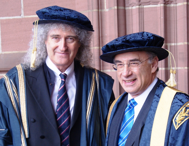 Emeritus Chancellor Brian May with new LJMU Chancellor, Sir Brian Leveson. Photo by Josh Parry