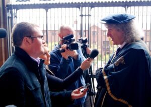 LJMU Chancellor Emeritus Brian May talks to JMU Journalism's Ian Bolland. Photo by Josh Parry