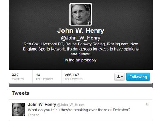 John W Henry gives his bemused reaction to Arsenal's latest bid for Luis Suarez © John W Henry/Twitter