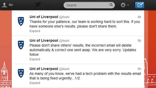 University of Liverpool tweets following the email results error © University of Liverpool/Twitter