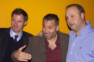 Liverpool legend Jamie Carragher with Guillem Balague and former LFC Academy technical director Rodolfo Borrell at the book launch