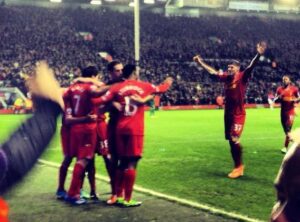 Liverpool celebrate their fourth goal. Pic by Husøy