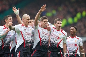 Steven Gerrard scored two penalties and missed one in the 3-0 win at Manchester United. Pic © David Rawcliffe / Propaganda