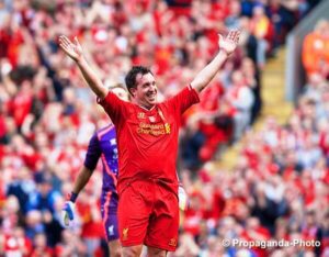 Robbie Fowler celebrates after scoring in the Celebration of the 96 match at Anfield. Pic © David Rawcliffe/Propaganda
