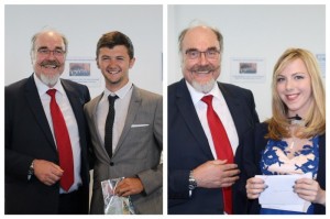 Professor Chris Frost with prize winners Jack Maguire and Gemma Sherlock