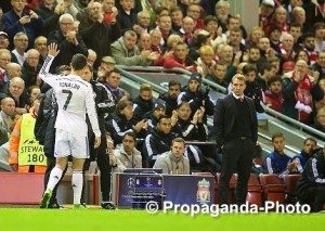 Cristiano Ronaldo was applauded off the pitch after orchestrating Real Madrid's 3-0 win against Liverpool at Anfield. Pic © David Rawcliffe / Propaganda Photo