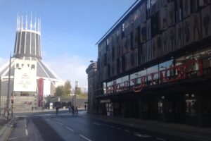 The Metropolitan Cathedral and Everyman Theatre in Hope Street. Pic © JMU Journalism