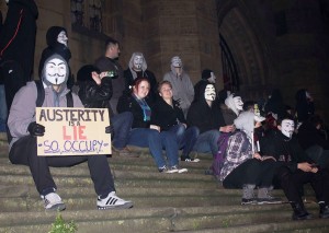 'Anonymous' protest at St Luke's Church in Liverpool. Pic by Kaltun Abdillahi © JMU Journalism