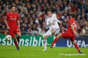 Gareth Bale takes aim for Real Madrid against Liverpool at the Bernabeu Stadium. Pic © David Rawcliffe Propaganda Photo