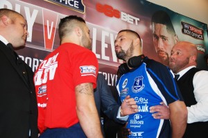 Nathan Cleverly (left) goes head-to-head with Tony Bellew at the pre-fight press conference. Pic by Adam Jones © JMU Journalism