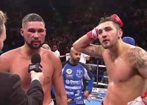 Victorious Liverpool boxer Tony Bellew (left) talks to Sky Sports after the Nathan Cleverly fight. Pic © Sky Sports