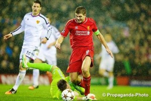 Steven Gerrard scored but could not prevent Liverpool going out of the Champions League against Basel. Pic © David Rawcliffe / Propaganda Photo