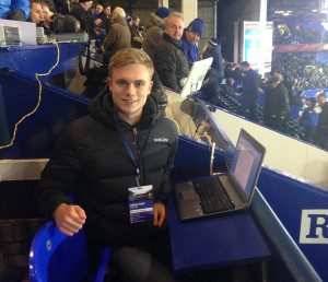 Jake Cottrill working at Goodison Park reporting on Everton for JMU Journalism. Pic by Rebecca Cookson © JMU Journalism