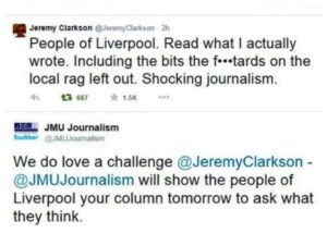 Jeremy Clarkson blasts the Liverpool Echo's story about his Sunday Times column. Pics © Jeremy Clarkson / JMU Journalism / Twitter
