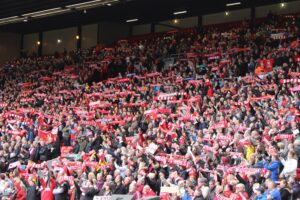 The Kop sings 'You'll Never Walk Alone' during the  2015 Hillsborough memorial service at Anfield. Pic by Connor Dunn © JMU Journalism