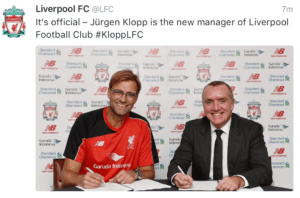 How Liverpool FC announced the news of Jurgen Klopp's arrival as he sits alongside Chief Executive, Ian Ayre. Screengrab © Liverpool FC/Twitter, photo via Liverpool FC/Getty Images
