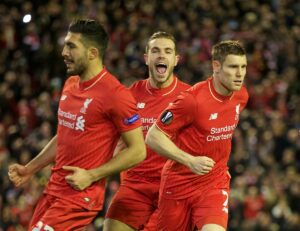 Liverpool celebrate after James Milner scored the only goal for Liverpool against Augsburg. Pic © David Rawcliffe / Propaganda Photo