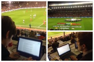 Leigh Kimmins and Michael Henry working for JMU Journalism at Liverpool's Europa League match against Manchester United. Pics © JMU Journalism
