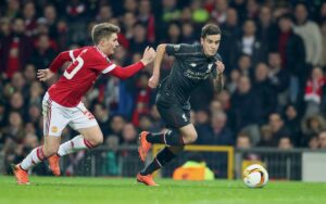 Liverpool's Philippe Coutinho sets off on his way to scoring against Manchester United in the Europa League at Old Trafford. Pic © David Rawcliffe / Propaganda Photo