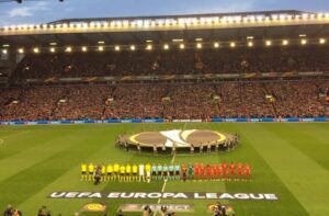 The teams line up for Liverpool v Borussia Dortmund in the Europa League. Pic by Matt Crosby © JMU Journalism