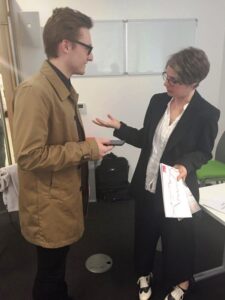 JMU Journalism's Conor Allison interviewing poet Helen Tookey at the Liverpool Screen Show Graduation Show. Pic © JMU Journalism