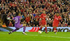 Daniel Sturridge scores the second for goal for Liverpool against Villarreal. Pic © David Rawcliffe / Propaganda Photo