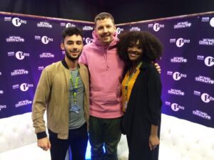 Professor Green meets JMU Journalism's Rhys Edmondson and Christella Twagirayezu at the BBC Radio 1Xtra Live show at Liverpool's Echo Arena. Pic © BBC