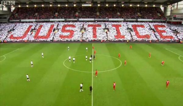 Hillsborough mosaic spells 'Justice' before the Liverpool v Manchester United game at Anfield © BBC Sport