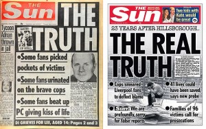 The Sun's infamous Hillsborough front page from 1989 and the real truth published 23 years later © News International