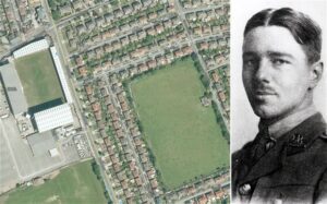 Left: Tranmere Rovers' football stadium, with the War Memorial Pavilion in the field opposite. Right: War poet Wilfred Owen. © Wilfred Owen Memorial Story