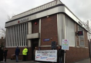 Protesters stood outside the NatWest bank in Toxteth 