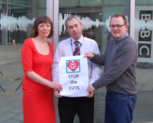NUJ Father of the Chapel, Marc Gaier stands beside TUC general secretary Frances O'Grady (L) and assistant general secretary Paul Nowak (R) as they protest against cuts ©BBC 