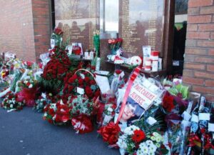 Floral tributes at the Hillsborough memorial outside Anfield on the 24th anniversary of the disaster. Pic by Alice Kirkland