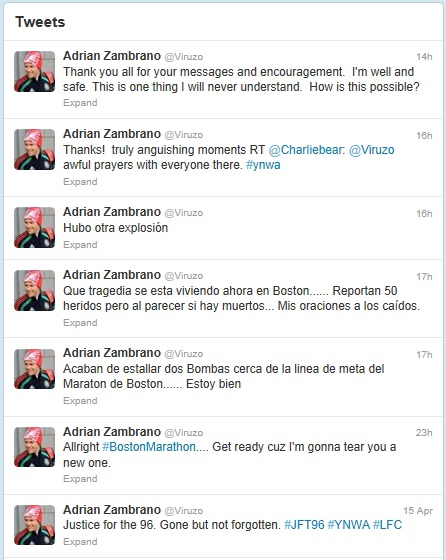 Adrian's tweets around the time of the blast
