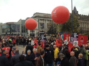 Anti-fascism protesters gather on William Brown Street.