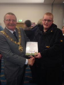 Wirral Mayor presenting the award to Robert Meadows. Pics By Gemma Sherlock. 
