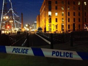 The Albert Dock was cordoned off as police divers searched for missing James Bennion. Photo: Ida Husøy