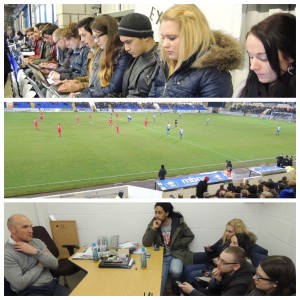 Sports journalism students reporting live at Chester FC v Tamworth. Pics by John Mathews