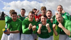Alumni side celebrate after reaching the 2014 JMU Journalism World Cup Final. Pic by Roisin Brehony