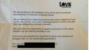 Benefits Street letter from Love Productions. Click on the image to enlarge the text.