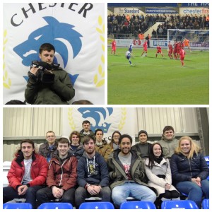 Sports journalism students reporting live at Chester FC v Tamworth. Pics by John Mathews