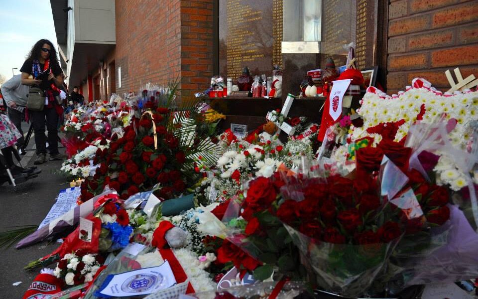 Flowers laid at the Hillsborough memorial ahead of the 25th anniversary service at Anfield - JMU Journalism