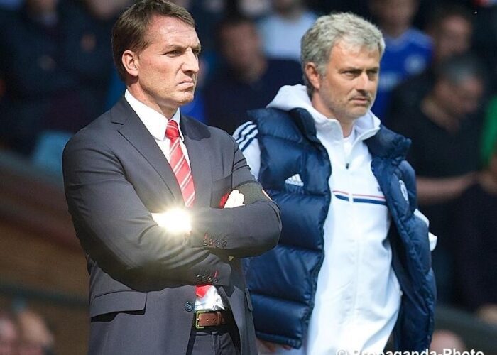 Rival managers Brendan Rodgers and Jose Mourinho. Pic © David Rawcliffe/Propaganda - JMU Journalism