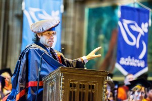 John Bishop addresses the graduates and audience members after receiving the LJMU Honorary Fellowship © LJMU