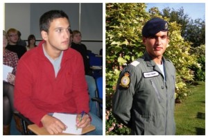 Ayden Feeney (left) studying at JMU Journalism and as a young cadet (right) in the Liverpool University Air Squadron back in 2009