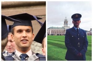 Two graduation days for Ayden Feeney: (left) completing his degree at JMU Journalism in 2011 and (right) in 2014 after becoming a commissioned officer in the RAF
