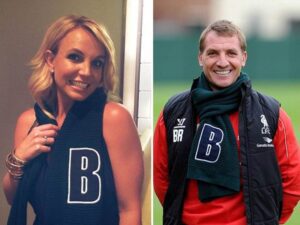 Britney Spears and Brendan Rodgers. Pic © Matalan/Alder Hey