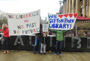 Protesters from Sefton Park Library, campaigning outside Central Library. Pic by Melissa McFarlane © JMU Journalism
