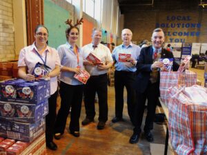 Volunteers from organisations helping out with the Winter Assistant Packages, Vicky Jimenez and Lisa Blessington LMH, Cllr Richard McLinden and Cllr Frank Hort and Local Solutions © Melissa McFarlane Jmu Journalism