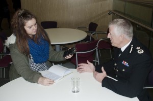 JMU Journalism's Bethan Tolley speaks to Merseyside Police Chief Constable Sir Jon Murphy. Pic © JMU Journalism